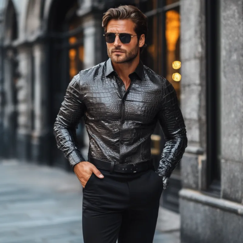 Men's Fashion Casual Slim Fit Textured Leather Long Sleeve Shirt 23802086K