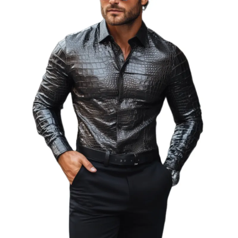 Men's Fashion Casual Slim Fit Textured Leather Long Sleeve Shirt 23802086K