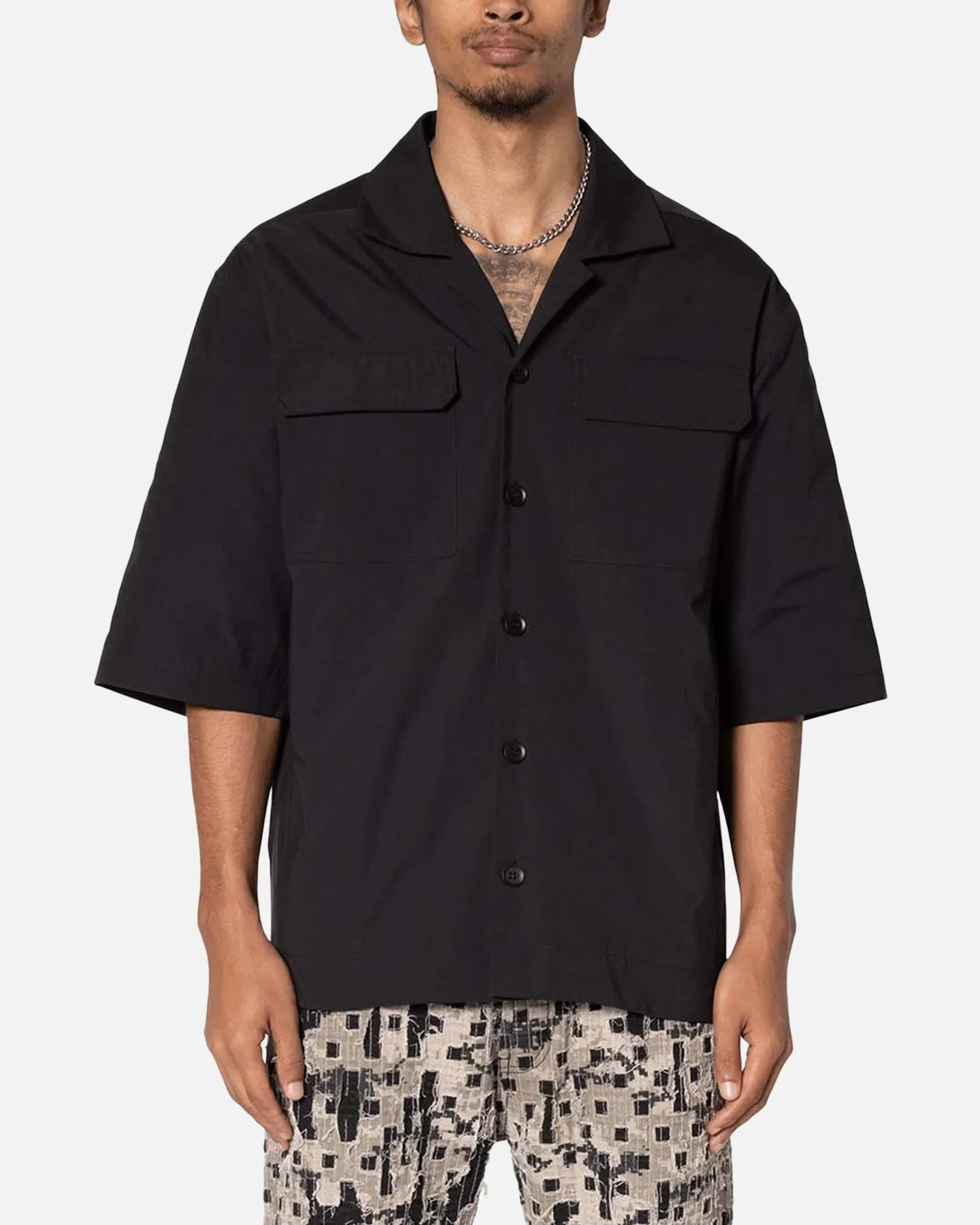 MNML Lined Woven Nylon Button Up Shirt Black