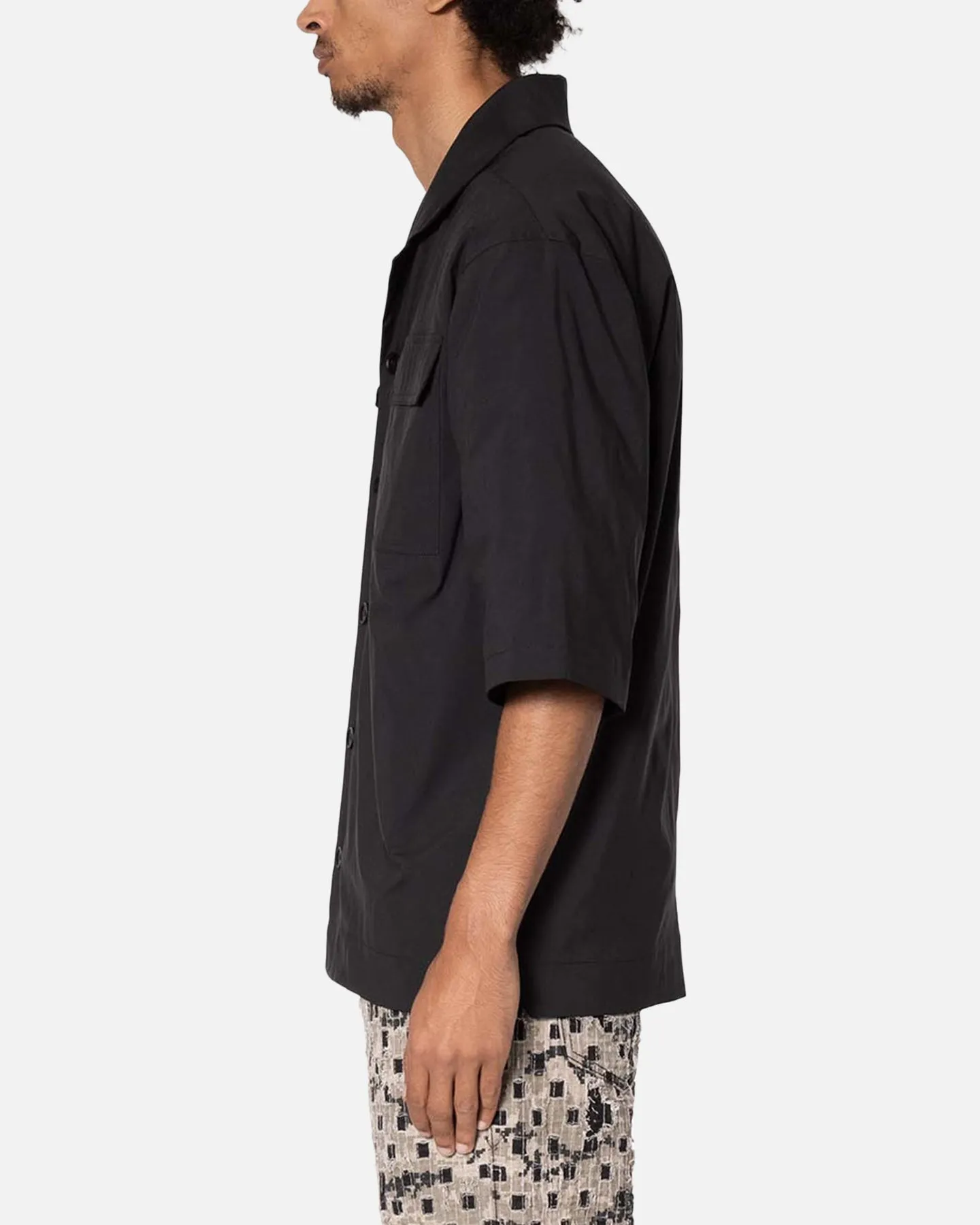 MNML Lined Woven Nylon Button Up Shirt Black