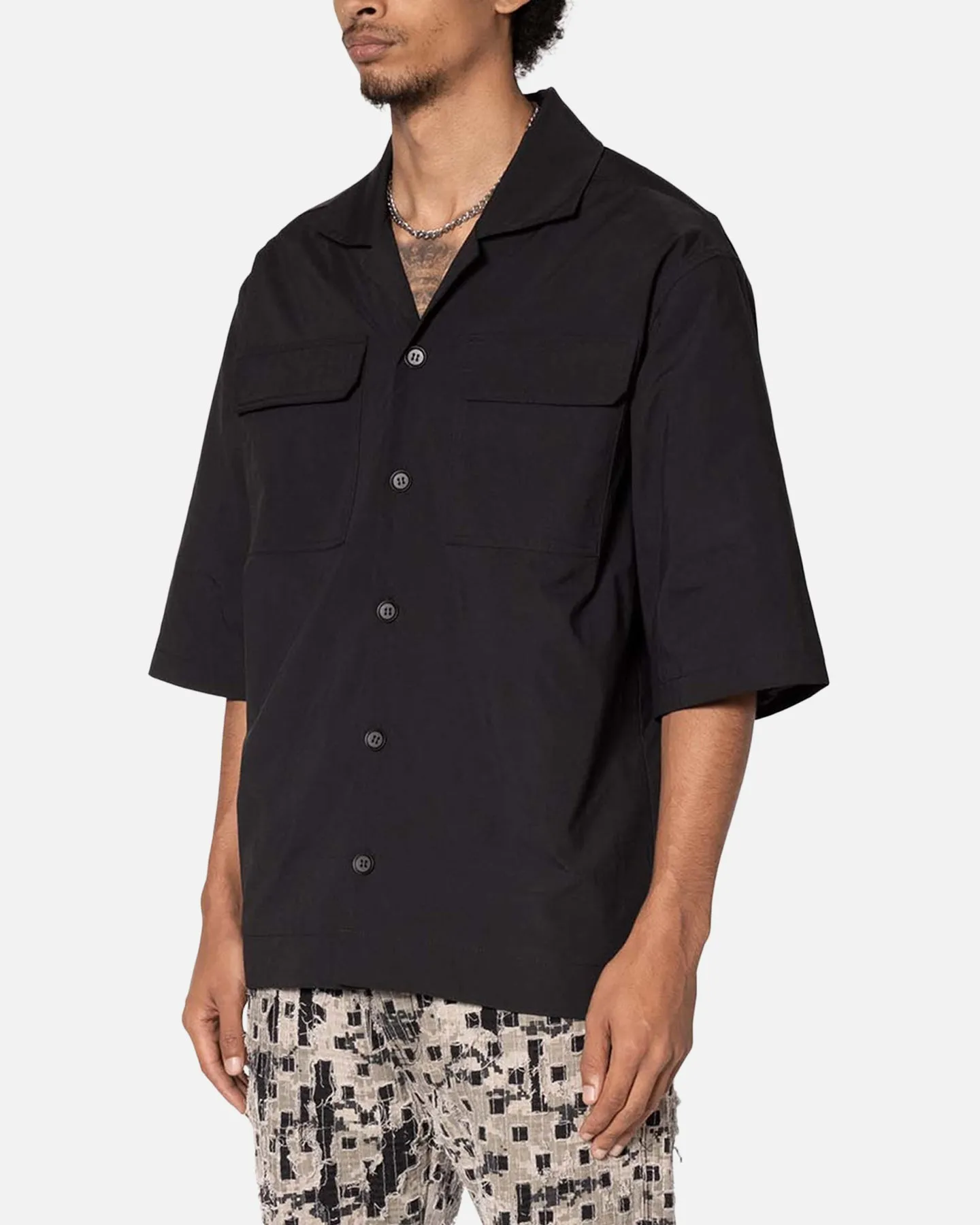 MNML Lined Woven Nylon Button Up Shirt Black