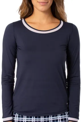 Navy/White Long Sleeve Mesh Trim Top