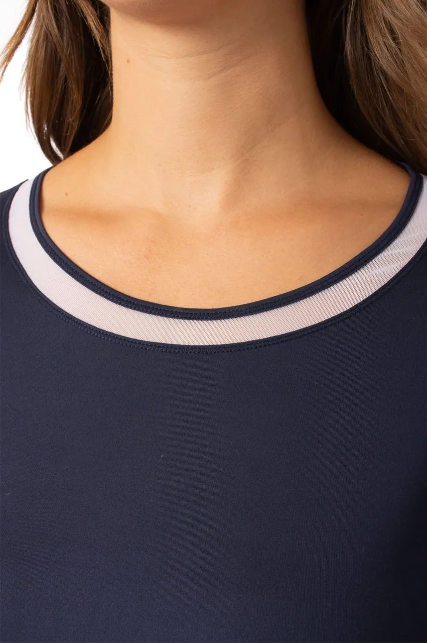 Navy/White Long Sleeve Mesh Trim Top