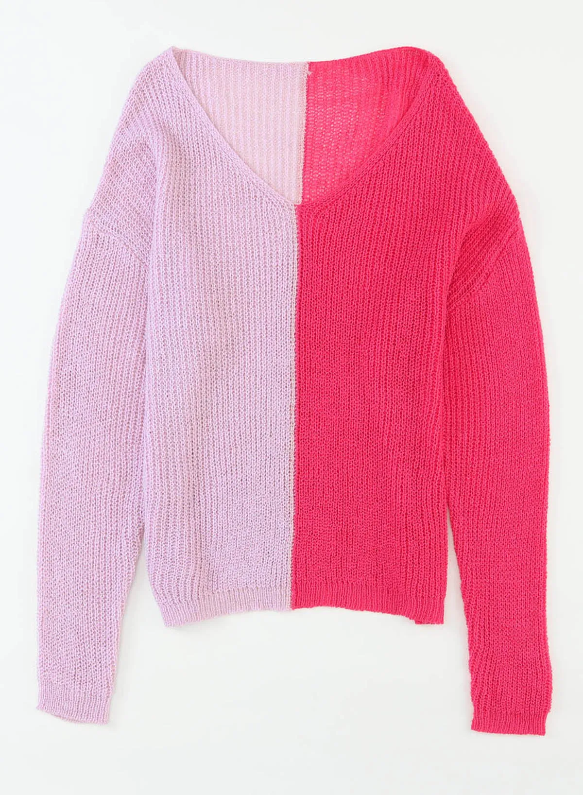 Pink Long Sleeve V-Neck Colorblock Sweater