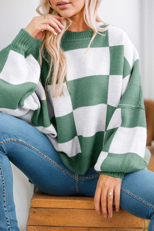 Plaid Exposed Seam Bishop Sleeve Sweater