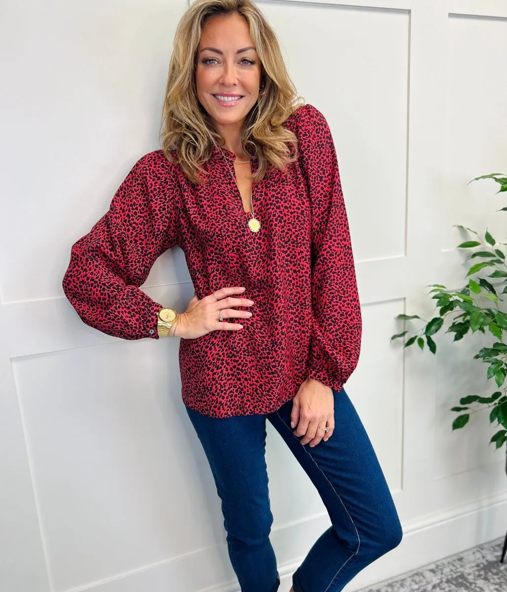 Red Animal Print Popover Blouse