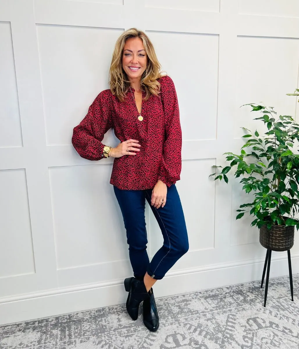 Red Animal Print Popover Blouse