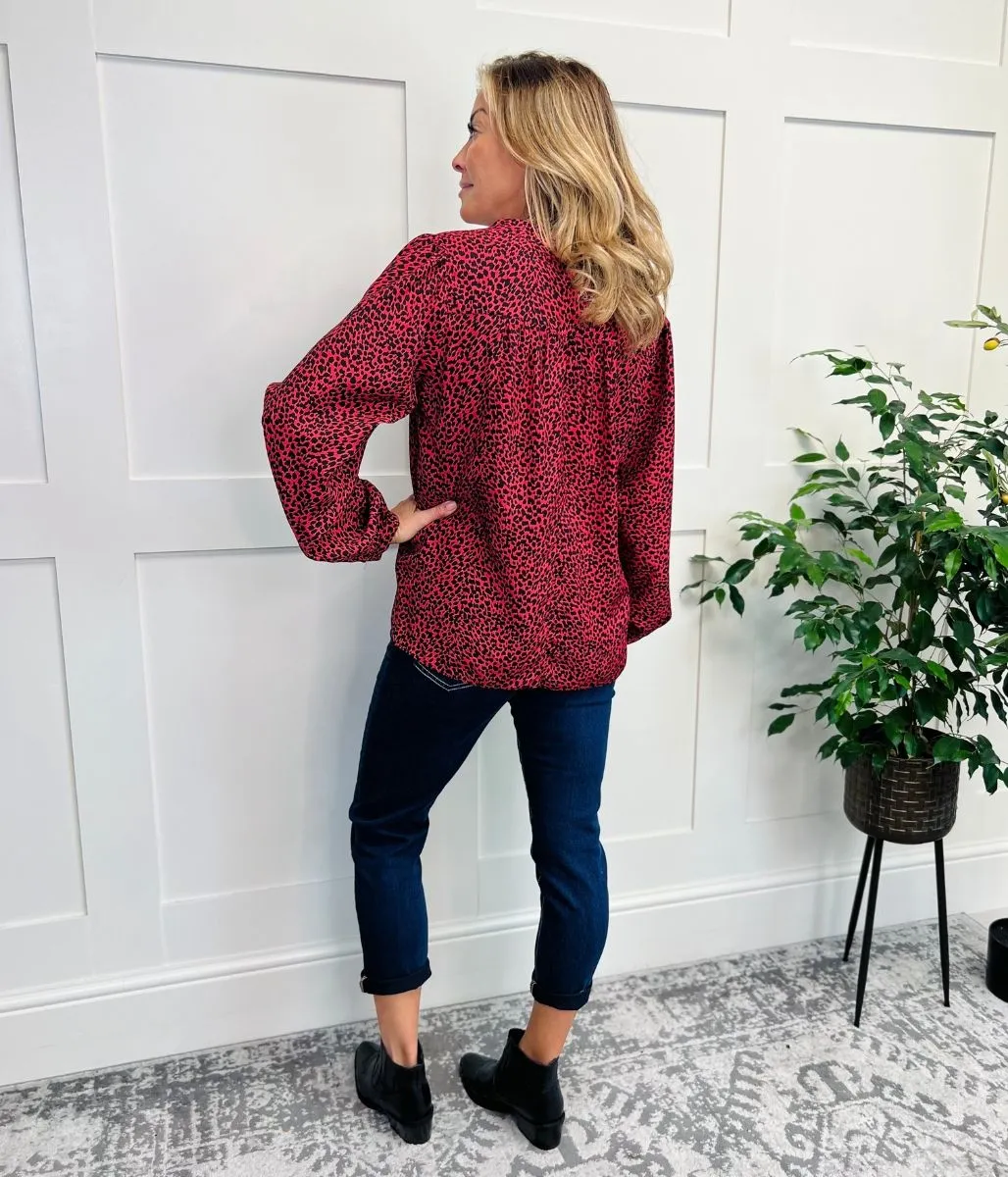 Red Animal Print Popover Blouse