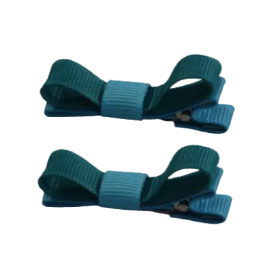 School Hair Accessories - Deluxe Hair Clips 2 Colour option (Set of 2) Misty Turquoise Base & Centre Ribbon (36 colours top)