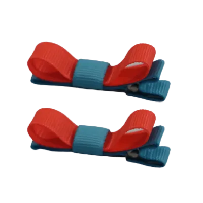 School Hair Accessories - Deluxe Hair Clips 2 Colour option (Set of 2) Misty Turquoise Base & Centre Ribbon (36 colours top)