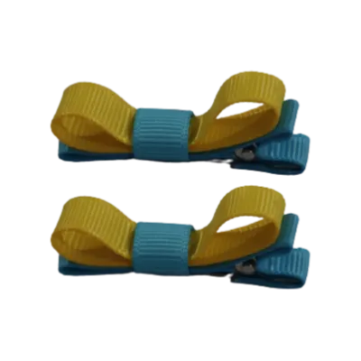 School Hair Accessories - Deluxe Hair Clips 2 Colour option (Set of 2) Misty Turquoise Base & Centre Ribbon (36 colours top)