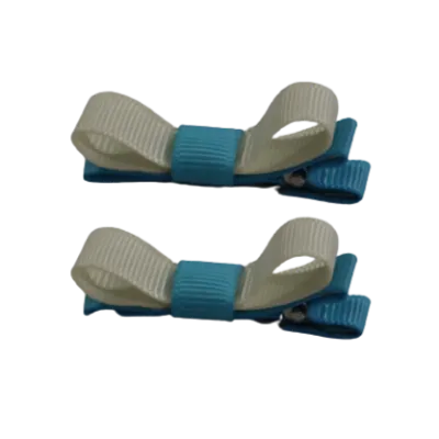 School Hair Accessories - Deluxe Hair Clips 2 Colour option (Set of 2) Misty Turquoise Base & Centre Ribbon (36 colours top)