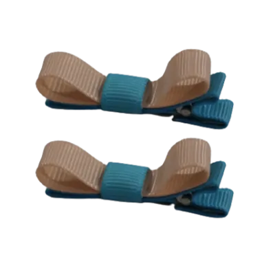 School Hair Accessories - Deluxe Hair Clips 2 Colour option (Set of 2) Misty Turquoise Base & Centre Ribbon (36 colours top)