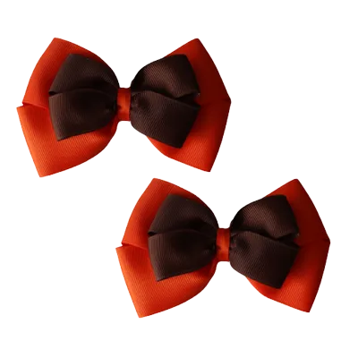 School Hair Accessories - Double Cherish Hair Bow 9cm - Autumn Orange Base & Centre Ribbon (24 colours top)