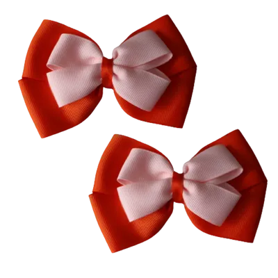 School Hair Accessories - Double Cherish Hair Bow 9cm - Autumn Orange Base & Centre Ribbon (24 colours top)