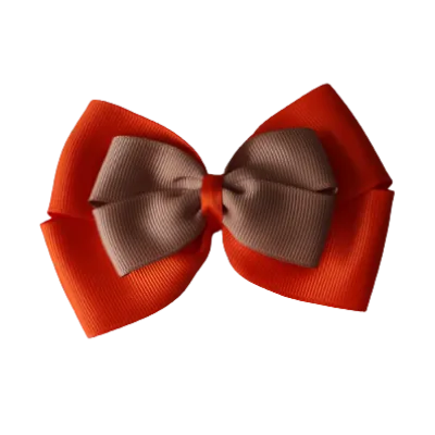 School Hair Accessories - Double Cherish Hair Bow 9cm - Autumn Orange Base & Centre Ribbon (24 colours top)