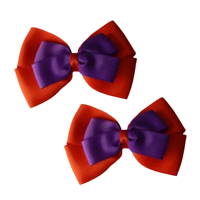 School Hair Accessories - Double Cherish Hair Bow 9cm - Autumn Orange Base & Centre Ribbon (24 colours top)