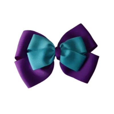 School Hair Accessories - Double Cherish Hair Bow 9cm - Purple Base & Centre Ribbon (24 colours top)