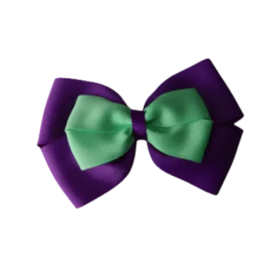 School Hair Accessories - Double Cherish Hair Bow 9cm - Purple Base & Centre Ribbon (24 colours top)