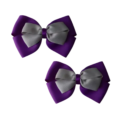 School Hair Accessories - Double Cherish Hair Bow 9cm - Purple Base & Centre Ribbon (24 colours top)