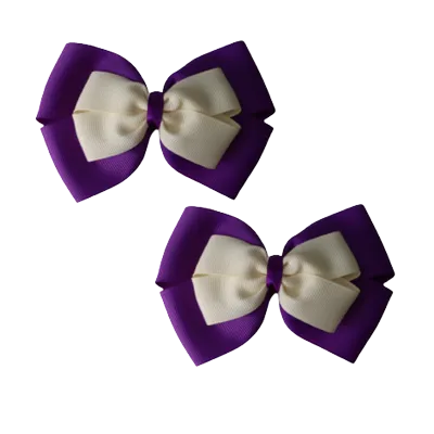 School Hair Accessories - Double Cherish Hair Bow 9cm - Purple Base & Centre Ribbon (24 colours top)