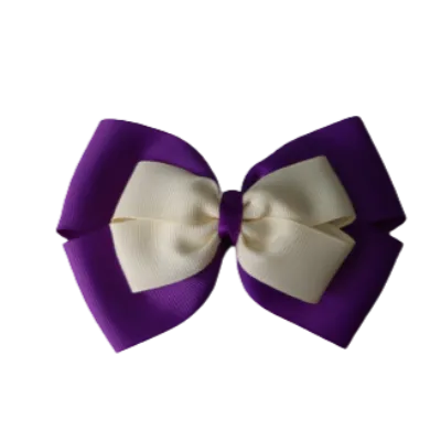 School Hair Accessories - Double Cherish Hair Bow 9cm - Purple Base & Centre Ribbon (24 colours top)