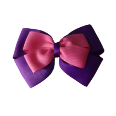 School Hair Accessories - Double Cherish Hair Bow 9cm - Purple Base & Centre Ribbon (24 colours top)