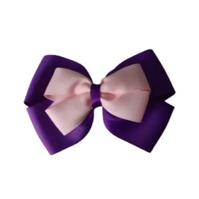 School Hair Accessories - Double Cherish Hair Bow 9cm - Purple Base & Centre Ribbon (24 colours top)