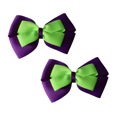 School Hair Accessories - Double Cherish Hair Bow 9cm - Purple Base & Centre Ribbon (24 colours top)