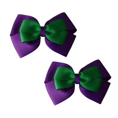 School Hair Accessories - Double Cherish Hair Bow 9cm - Purple Base & Centre Ribbon (24 colours top)