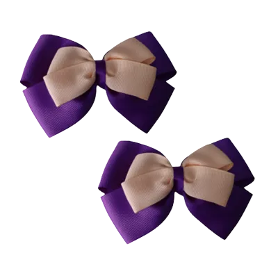 School Hair Accessories - Double Cherish Hair Bow 9cm - Purple Base & Centre Ribbon (24 colours top)