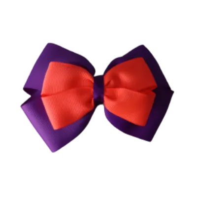 School Hair Accessories - Double Cherish Hair Bow 9cm - Purple Base & Centre Ribbon (24 colours top)