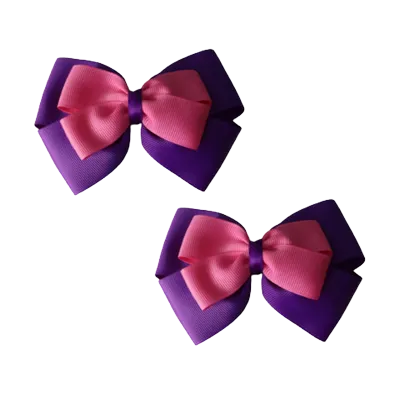 School Hair Accessories - Double Cherish Hair Bow 9cm - Purple Base & Centre Ribbon (24 colours top)