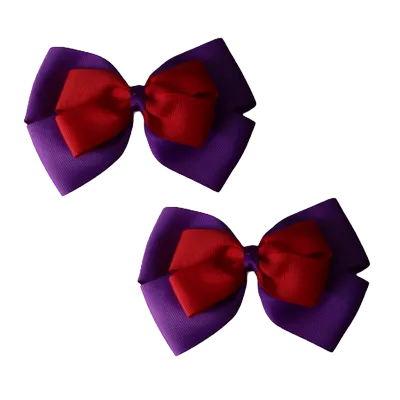 School Hair Accessories - Double Cherish Hair Bow 9cm - Purple Base & Centre Ribbon (24 colours top)