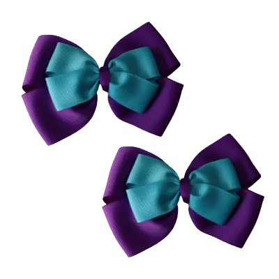 School Hair Accessories - Double Cherish Hair Bow 9cm - Purple Base & Centre Ribbon (24 colours top)