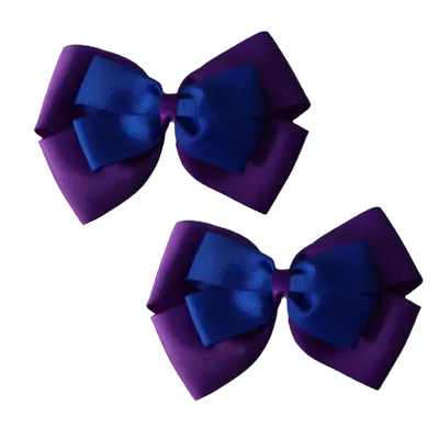 School Hair Accessories - Double Cherish Hair Bow 9cm - Purple Base & Centre Ribbon (24 colours top)