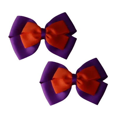 School Hair Accessories - Double Cherish Hair Bow 9cm - Purple Base & Centre Ribbon (24 colours top)