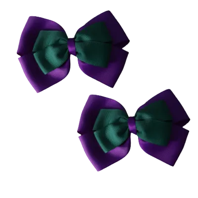 School Hair Accessories - Double Cherish Hair Bow 9cm - Purple Base & Centre Ribbon (24 colours top)