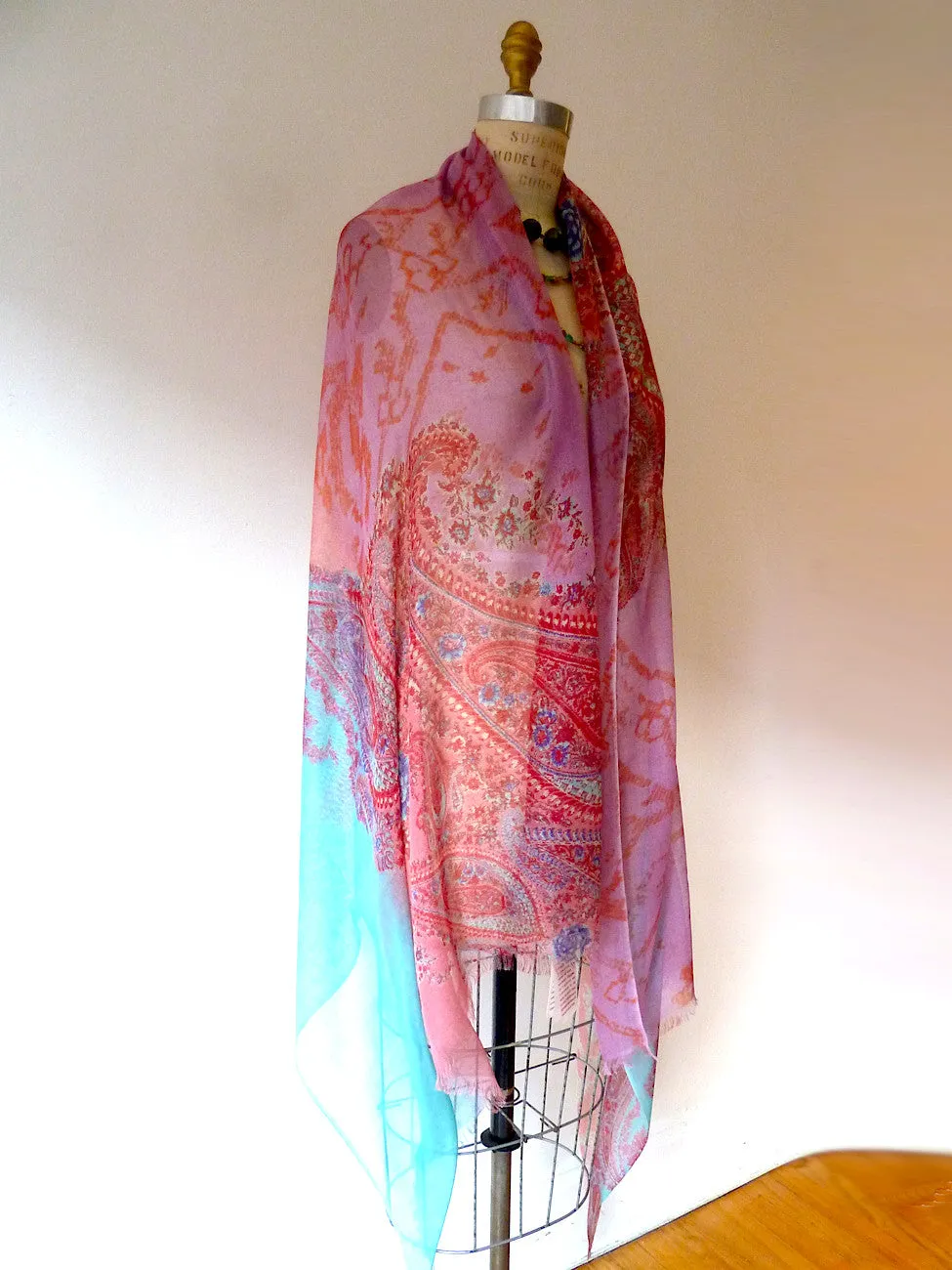 SHAWL SILK AND CASHMERE PAISLEY PINK AND TURQUOISE