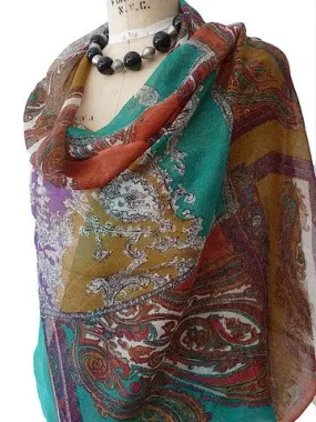 Shawl Silk And Cashmere Royal Teal Purple Paisley