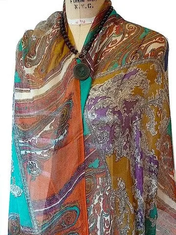 Shawl Silk And Cashmere Royal Teal Purple Paisley