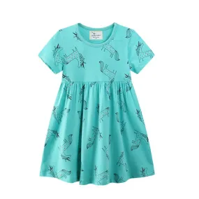 SHORT SLEEVE GREEN UNICORN PRINTED DRESS