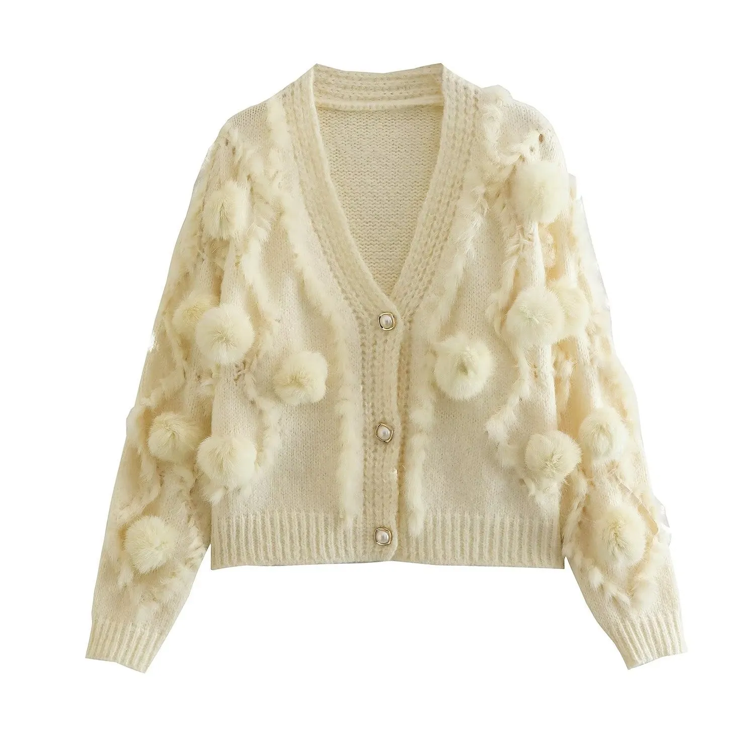 Three Dimensional Fur Ball Long Sleeved Knitted Cardigan