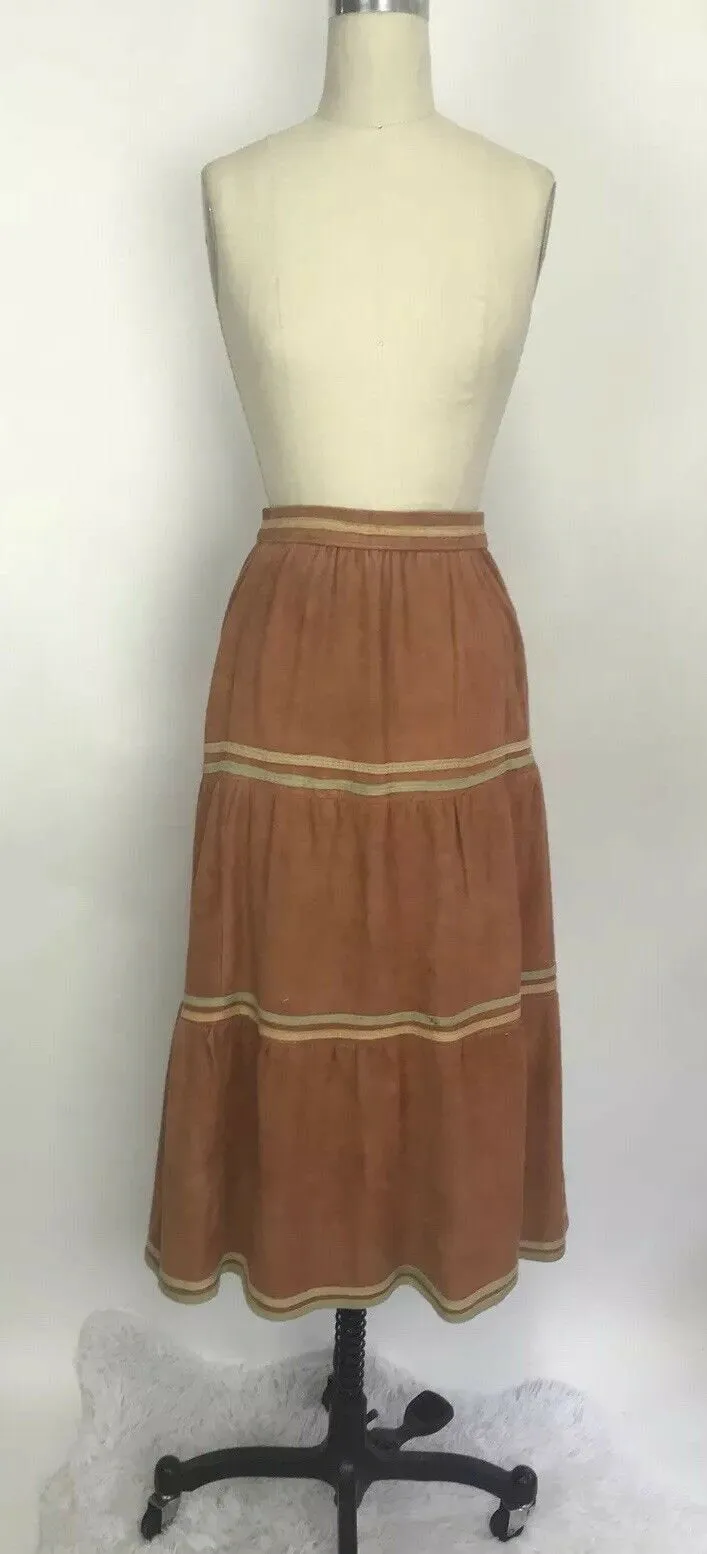 VTG Burnt Orange Suede Leather Southwest Western Rodeo Skirt Indian Princess 7/8