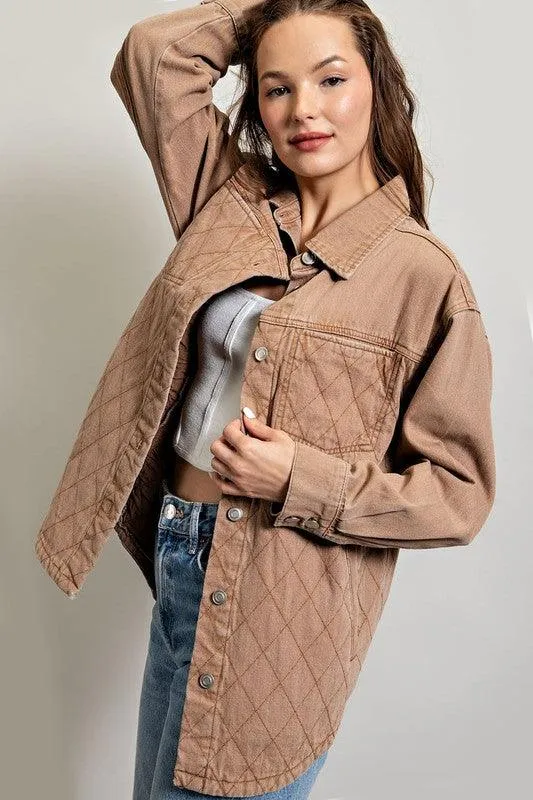 Womens Camel Quilted Button Down Jacket