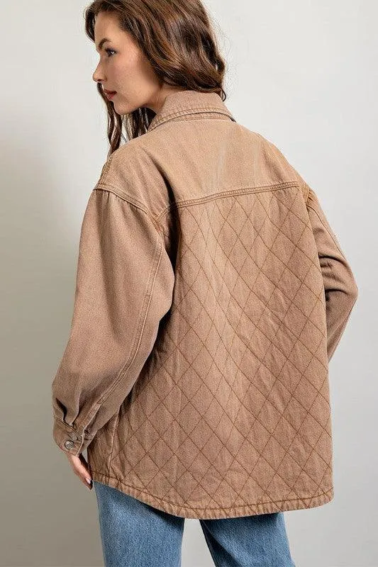 Womens Camel Quilted Button Down Jacket