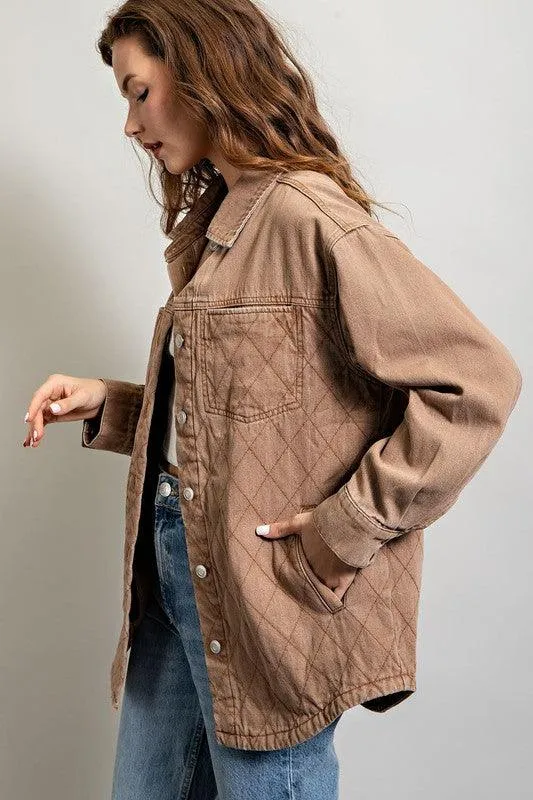 Womens Camel Quilted Button Down Jacket