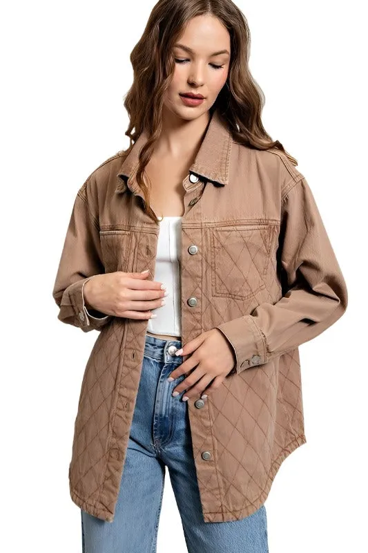 Womens Camel Quilted Button Down Jacket