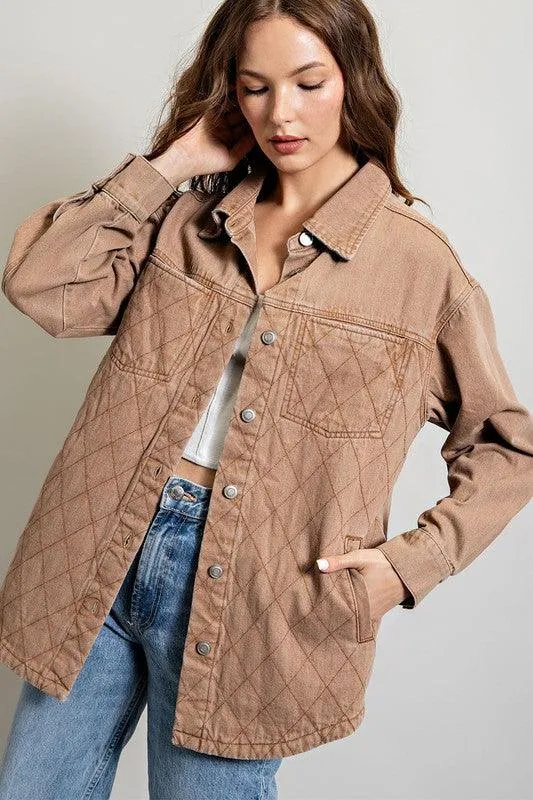 Womens Camel Quilted Button Down Jacket