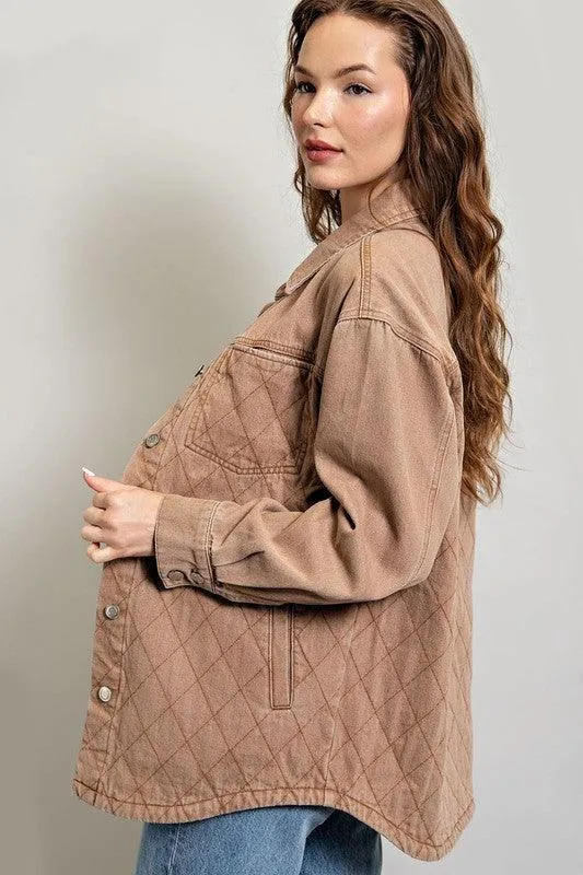 Womens Camel Quilted Button Down Jacket